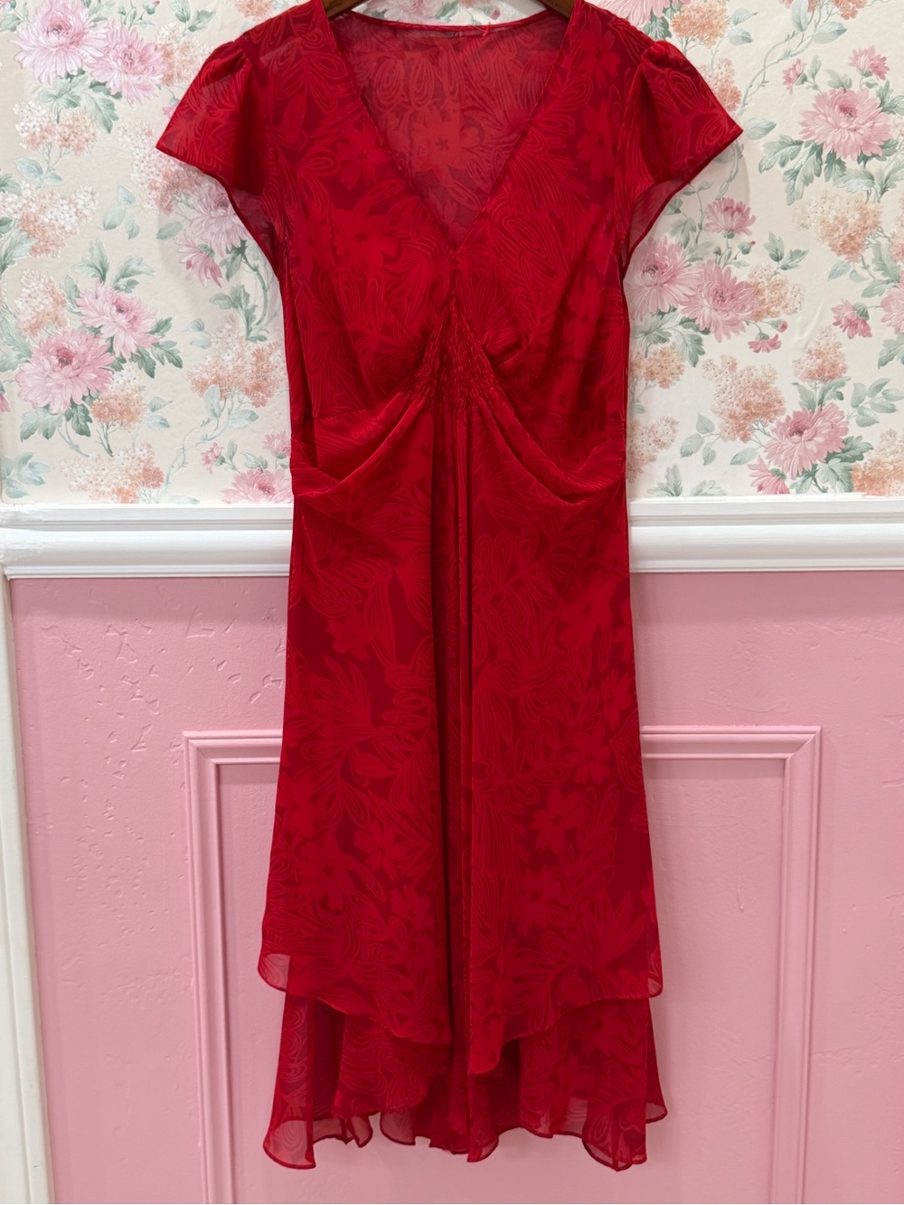 2yk Red V-Neck Floral Tiered Dress